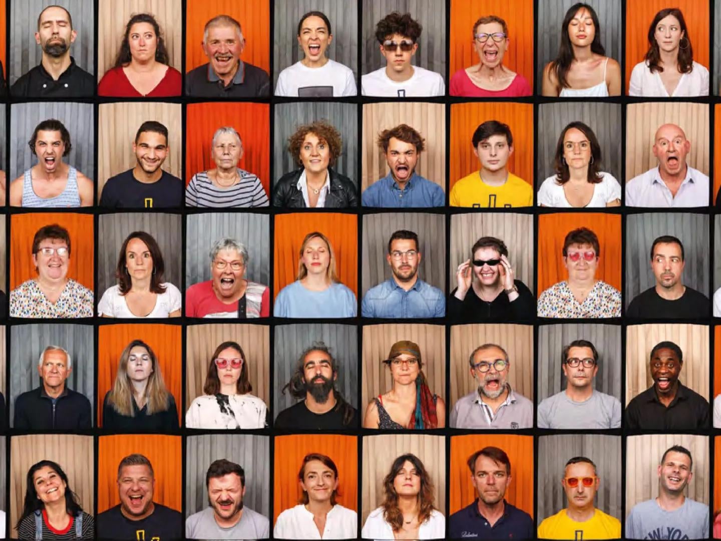 A montage of people photographed in different coloured photobooths