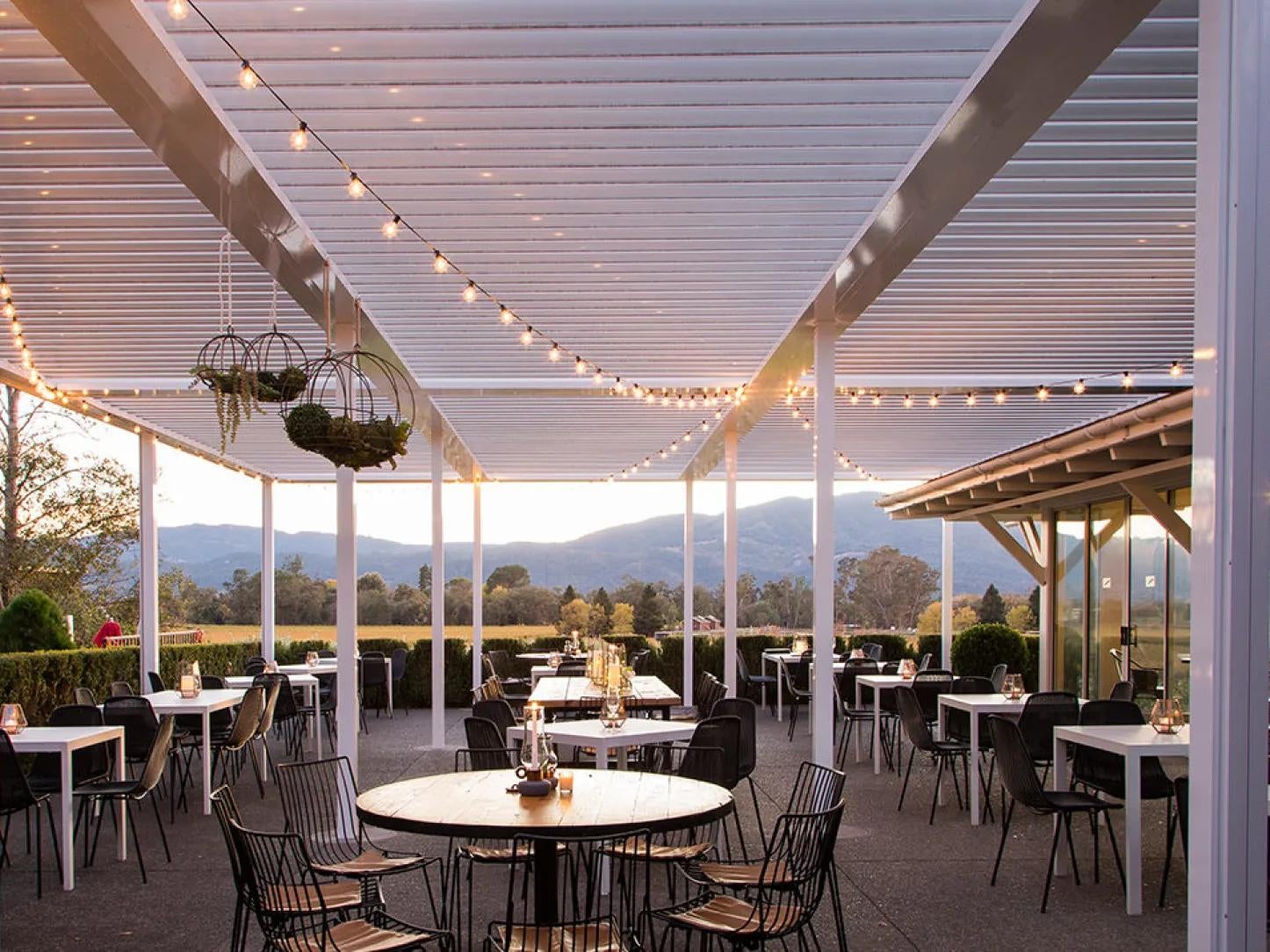 An outdoor dining terrace at the Mumm Napa winery in California.