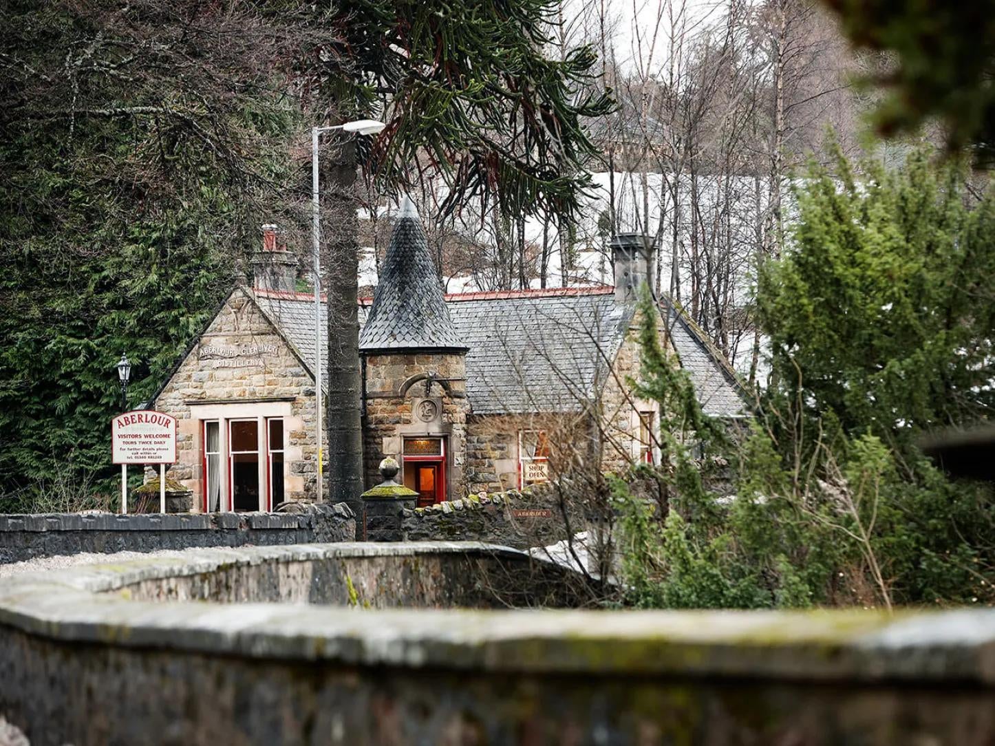 Exterior view of the Aberlour Distillery in Speyside, Scotland.