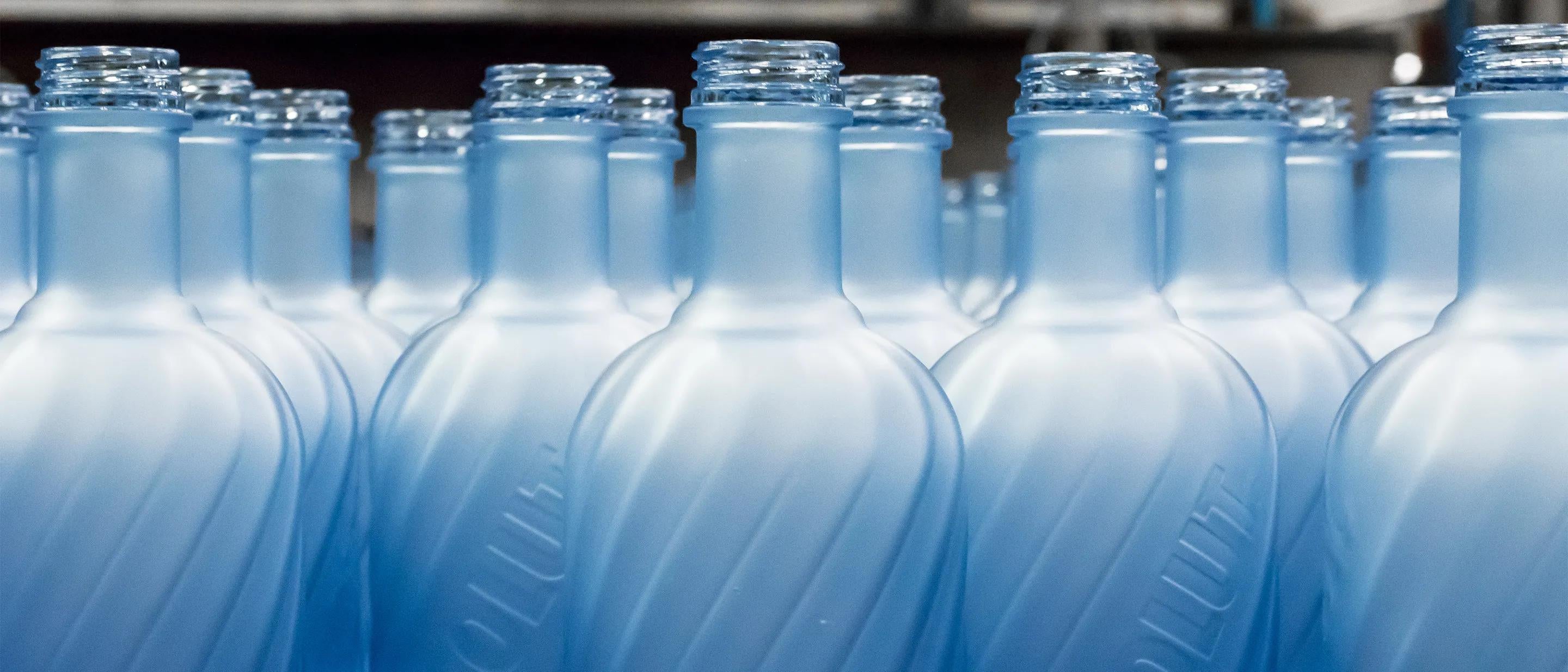 Close up of bottles on the production line at the Absolut factory.