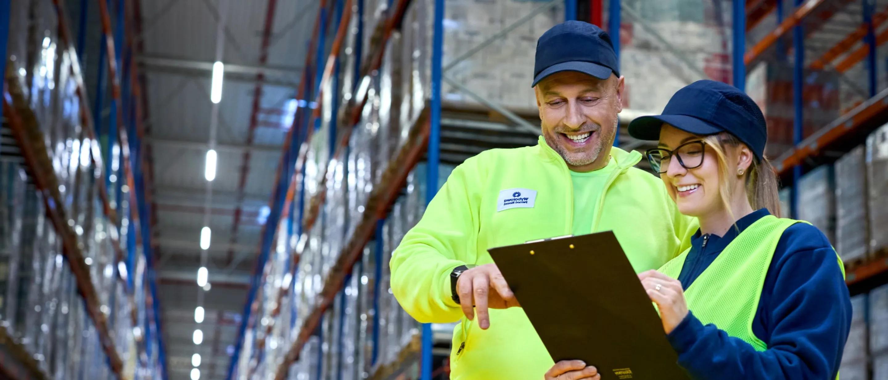 a man and a woman looking at a clipboard